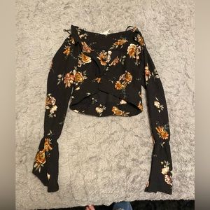 Black Long Sleeve Crop Top with floral design and buttoned front